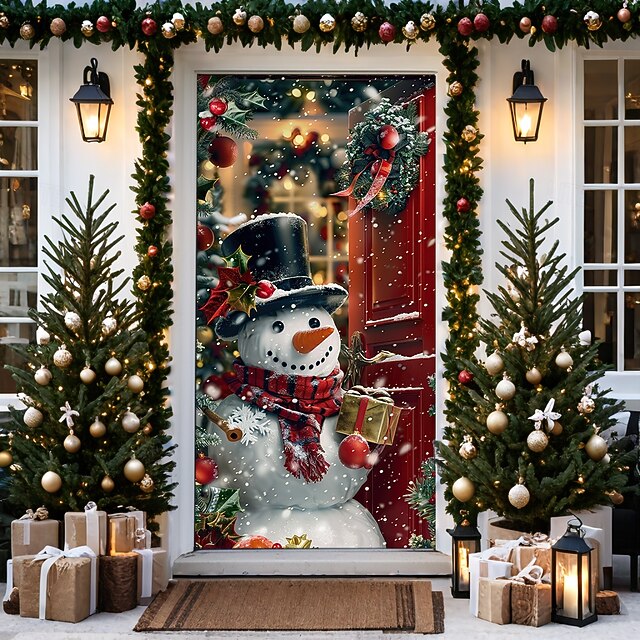 Christmas Door Decorations Door Covers Snowman Door Tapestry Door Curtain Decoration Backdrop Door Banner for Front Door Farmhouse Holiday Party Decor Supplies Indoor/Outdoor 18