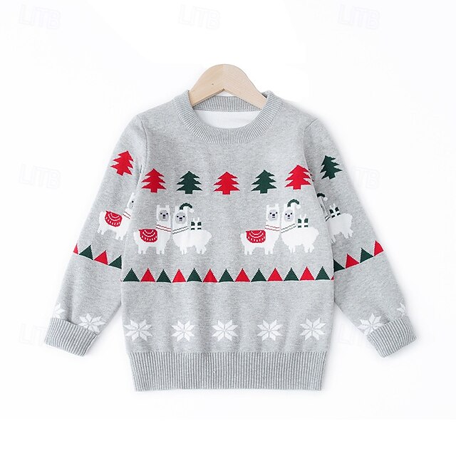 Kids Boys Christmas Sweater Christmas Tree Long Sleeve Crewneck Outdoor
