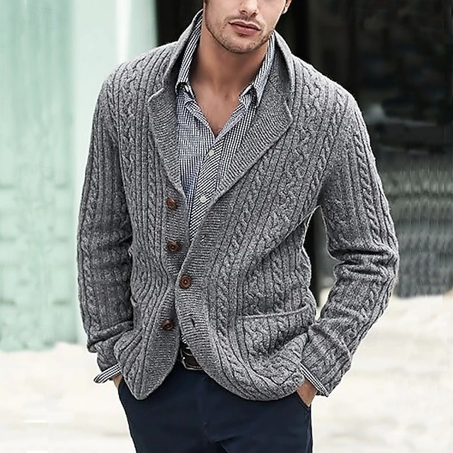 Men's Cardigan Sweater Knit Sweater Cable Knit Regular Button Up Side Pockets Solid Color Lapel Fashion Classic Daily Wear Date Clothing Apparel Fall & Winter Black Blue M L XL 8