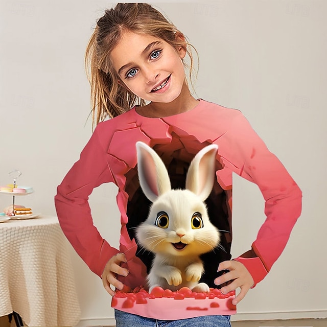  Påske Pige 3D Grafisk Dyr Kanin T-shirt Langærmet Forår Efterår Mode Basale Børn 4-12 år Rund hals udendørs Afslappet Daglig Regulær