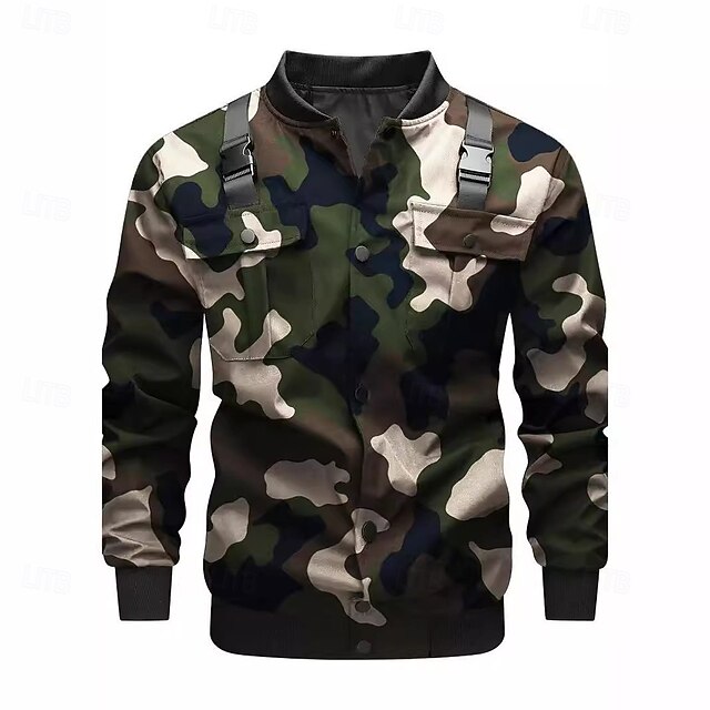 Men's Bomber Jacket Military Jacket Tactical Jacket Formal Home Pocket Winter Spring & Fall Camouflage Active Fashion Shirt Collar Regular Army Green Jacket 5