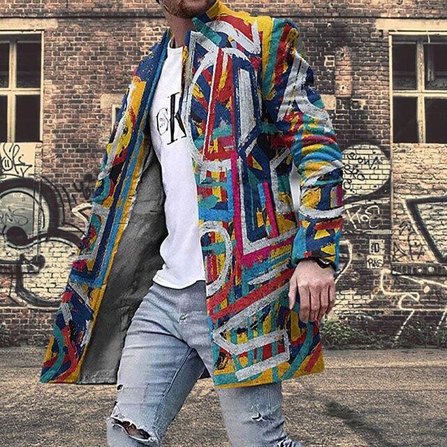 Men's Winter Coat Overcoat Coat Work Wear to work Warm Breathable Pocket Print Fall & Winter Color Block Graphic Prints Fashion Streetwear Turndown Long Regular Fit Rainbow Jacket4