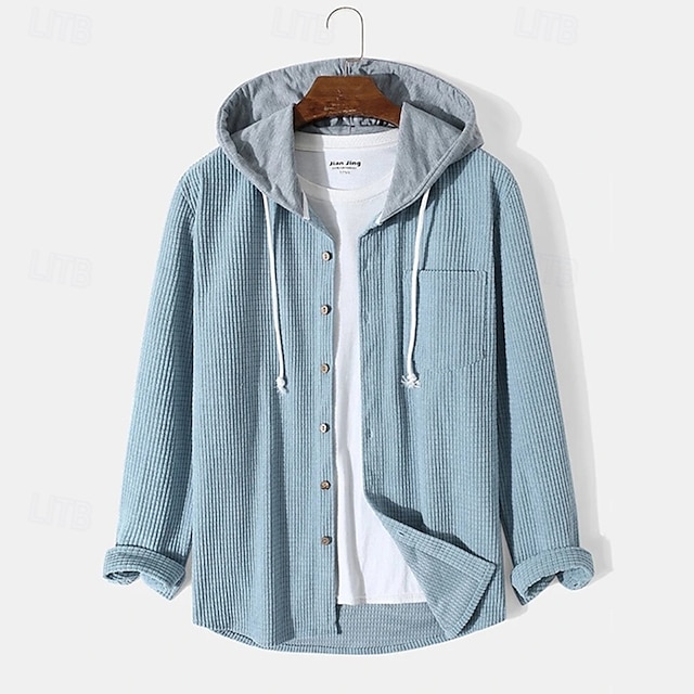  Men's Shirt Waffle Shirt Overshirt Plain Outdoor Street Light Blue Black Blue Green Long Sleeve Hooded Winter Spring &  Fall Clothing Apparel