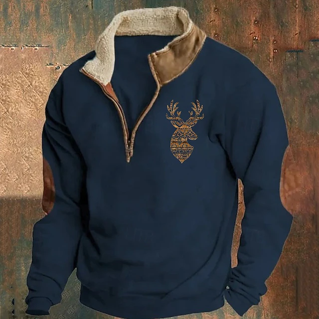 Men's Sweatshirt Quarter Zip Sweatshirt Black Navy Blue Gray Half Zip Color Block Reindeer Patchwork Sports & Outdoor Daily Holiday Polyester Vintage Basic Casual Fall & Winter Clothing Apparel4