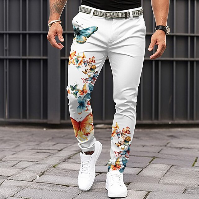 Men's Butterfly Dress Pants Mid Waist Fashion Casual Vacation Dailywear Zipper Pocket Summer Spring Fall 3D Print White4