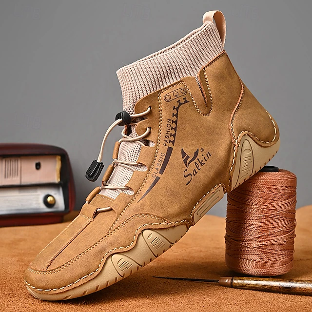 Men's Tan Faux Leather Casual Ankle Boots with Hand-Stitched Detailing, Knit Sock Upper, and Adjustable Toggle Laces – Comfortable and Rugged Design for Outdoor and Everyday Wear 23