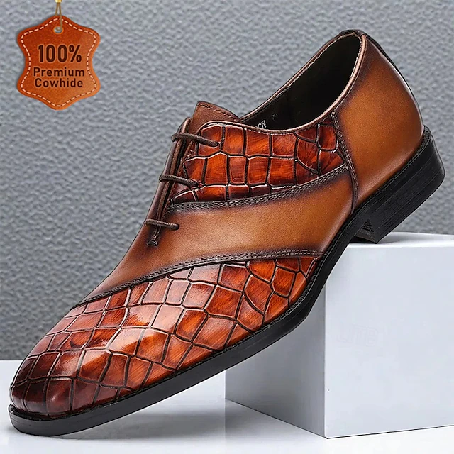 Men's Brown Crocodile Embossed Leather Oxford Shoes – Premium Cowhide Formal Lace-Up Shoes for Business and Special Events 8
