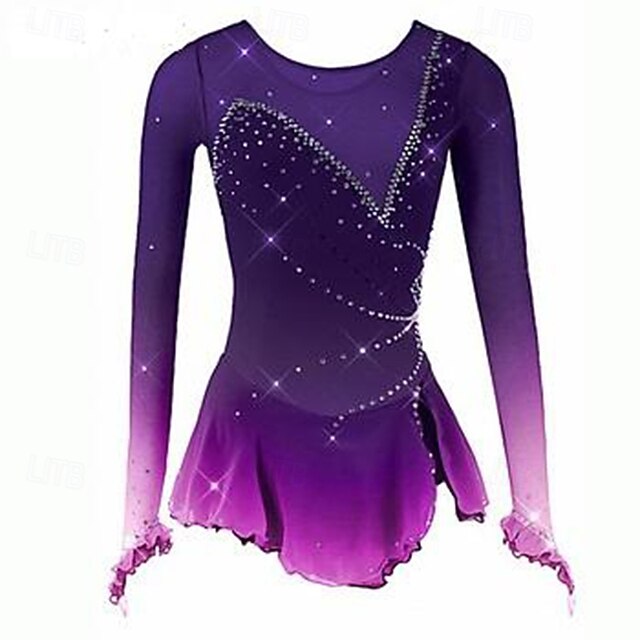 Figure Skating Dress Women's Girls' Ice Skating Dress Violet Rose Red Patchwork Mesh High Elasticity Training Competition Skating Wear Classic Crystal / Rhinestone Long Sleeve Ice Skating Figure3