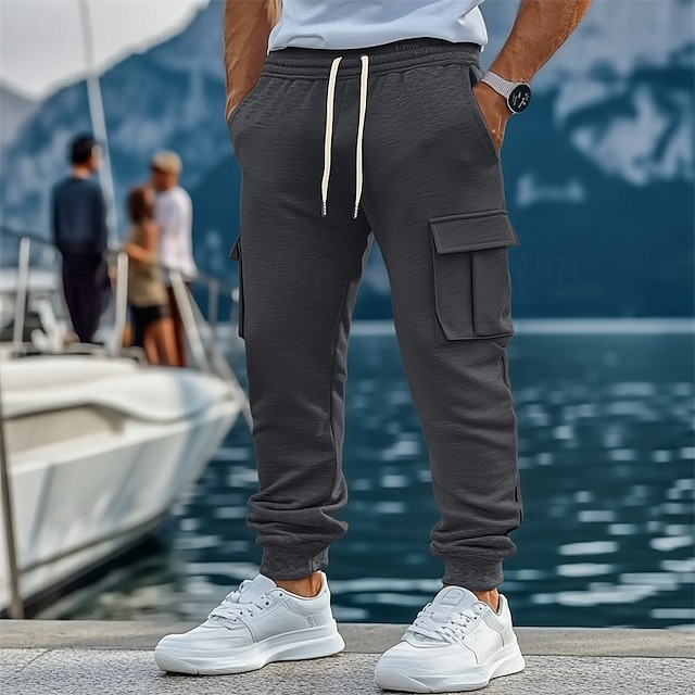  Men's Fleece Pants Sweatpants Joggers Trousers Cargo Sweatpants Drawstring Elastic Waist Multi Pocket Plain Comfort Warm Full Length Outdoor Casual Daily Sports Fashion Black Khaki