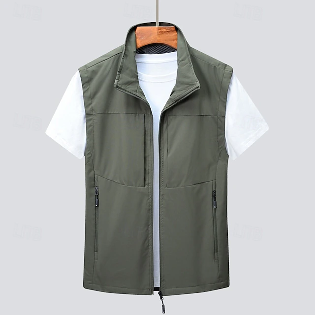 Men's Vest Gilet Fishing Vest Hiking Vest Daily Date Vacation Fashion Casual Spring & Summer Pocket Polyester Comfortable Plain Zipper Stand Collar Regular Fit Black Khaki Army Green Dark Blue Vest 11