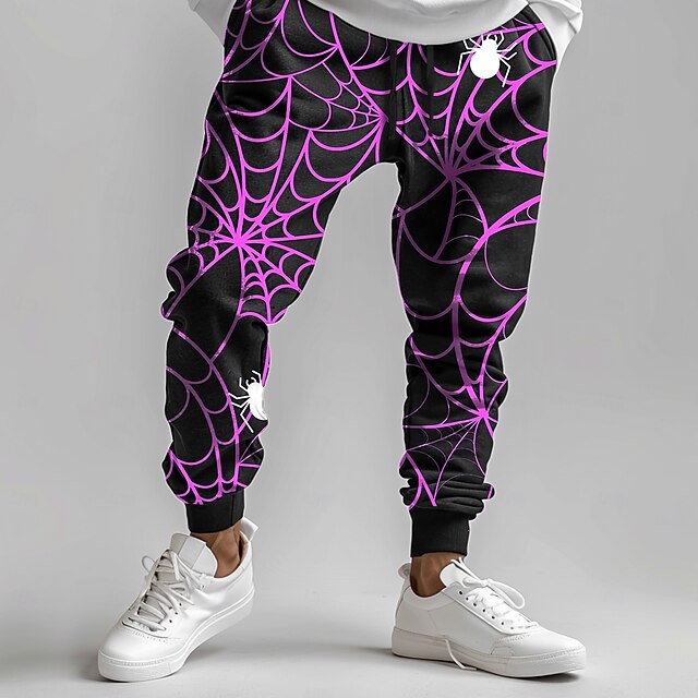  Halloween 男性用 蜘蛛の巣 ハロウィーンコスチューム スウェットパンツ ジョガー パンツ ミディアムウエスト 巾着ゴムウエスト 暗い パーティーイブニングウェア 日常着 ポケット 春 秋 冬 3Dプリント パープル