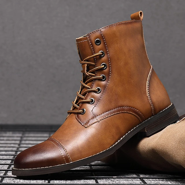 Men's Tan Faux Leather Military Boots with Durable Lace-Up Design - Stylish Outdoor and Workwear Boots" 25