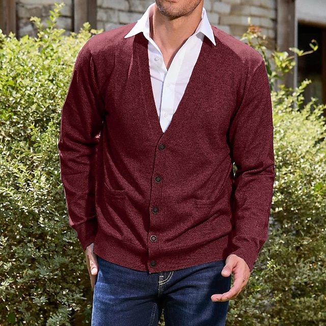 Men's Cardigan Sweater Dress Sweater Knit Sweater Ribbed Knit Regular Button Up Side Pockets Solid Color V Neck Fashion Classic Daily Wear Date Clothing Apparel Fall & Winter Black Burgundy M L XL 7