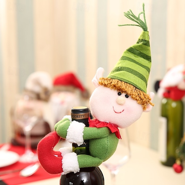  Fundas navideñas para botellas, decoración del hogar, fundas navideñas para botellas con Papá Noel y muñeco de nieve, pequeños adornos para botellas de vino, decoraciones navideñas para botellas