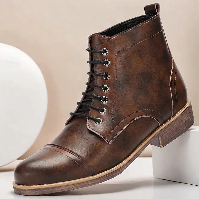 Men's Vintage Faux Leather Lace-Up Ankle Boots – Classic Cap-Toe Design, Sturdy Sole, Perfect for Casual or Formal Occasions 8