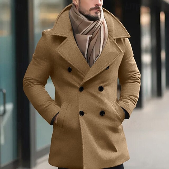 Men's Winter Coat Peacoat Trench Coat Outdoor Daily Wear Fall & Winter Polyester Thermal Warm Outerwear Clothing Apparel Fashion Streetwear Plain Pocket Lapel Double Breasted 6