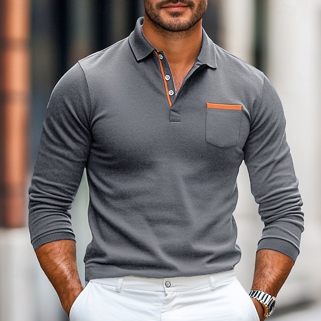  Herren Poloshirt Golfpolo Strasse Geschäft Umlegekragen Gerippter Polokragen Langarm Modisch Basic Feste Farbe Patchwork Tasche Herbst Winter Jahreszeiten Regular Fit Armee-Grün Schwarz Marinenblau