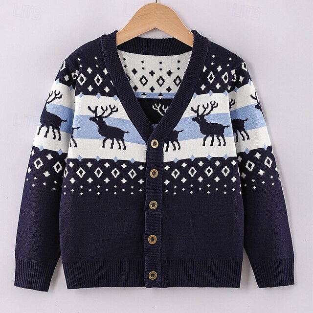 Kids Boys Christmas Cardigan Geometric Long Sleeve Button School Daily