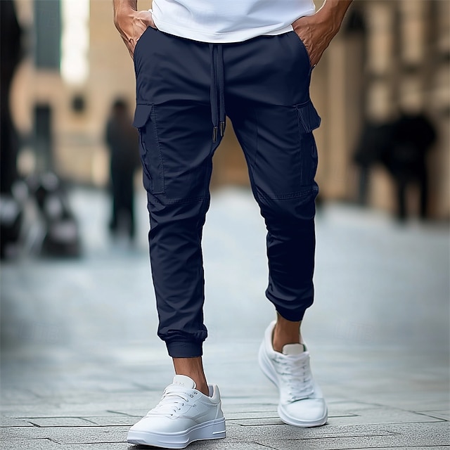  Homens Calças Cargo Calças Calça Jogger Com Cordão Cintura elástica Bolso multi Tecido Conforto Macio Comprimento total Ao ar livre Casual Diário Moda Roupa de rua Preto Verde Tropa Micro-Elástica