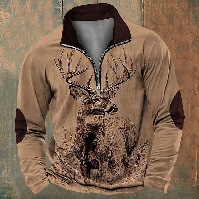 Men's Reindeer Hunting Sweatshirts Sweatshirt Zip Sweatshirt Long Sleeve Sweatshirt Crew Neck Quarter Zip Tactical Vintage Retro 3D Printing Holiday Going out Hunting Crewneck Half Zip 1/4 Zip4