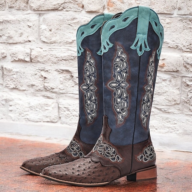 Men's Vintage Western Cowboy Boots with Intricate Embroidery and Ostrich Print - Stylish Mid-Calf Design for Rodeo, Festivals, and Casual Wear 8