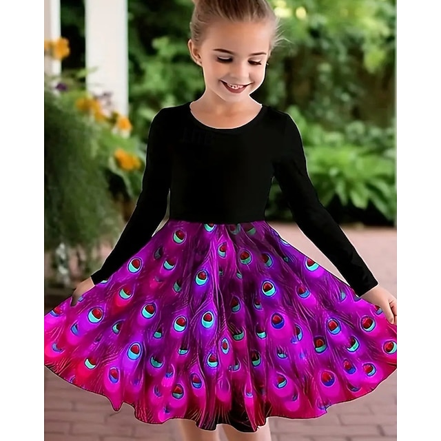  Girls ' 3D Graphic Pavo real Vestido Manga Larga Verano Primavera Vacaciones Diario Festivos Princesa Hermosa Dulce Niños 4-12 años Vestido informal Vestido de una línea Hasta la Rodilla Ajuste