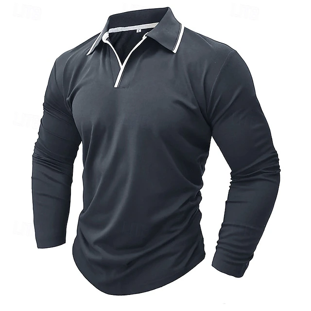 Men's Polo Shirt Golf Shirt Casual Sports V Neck Long Sleeve Fashion Basic Plain Button Pocket Spring & Fall Regular Fit Army Green Dark Grey Black White Burgundy Navy Blue Polo Shirt 11