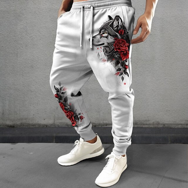 Men's Wolf Rose Sweatpants Joggers Pants Trousers Mid Waist Drawstring Elastic Waist Fashion Casual Party Evening Wear Dailywear Pocket Spring Fall Winter 3D Print White Beige 5