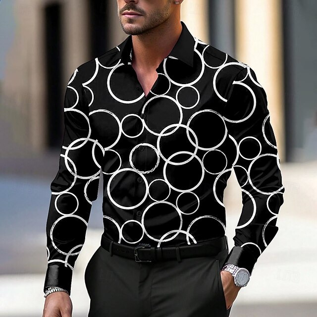 Men's Circle Geometric Pattern Dress Shirt Button Up Shirt Long Sleeve Business Casual Business Daily Fall Winter Spring & Summer Shirt Collar Button Up 3D Print Black4
