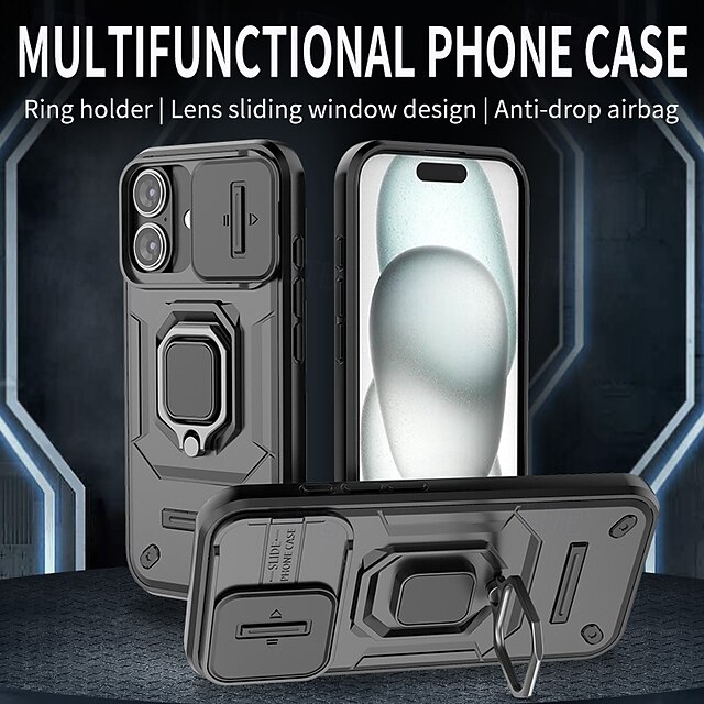  Phone Case For iPhone 16 Pro Max iPhone 15 Pro Max iPhone 14 Pro Max iPhone 13 Pro Max Back Cover Ring Holder Shockproof TPU PC Metal