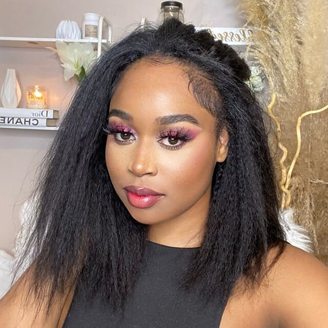  Perruque Cheveux Naturel Rémy 13x4 devant en dentelle Cheveux Brésiliens Bouclé Yaki Droite Noir Partie libre Avec queue de cheval perruques pour femmes noires Densité 180% avec des cheveux de béb