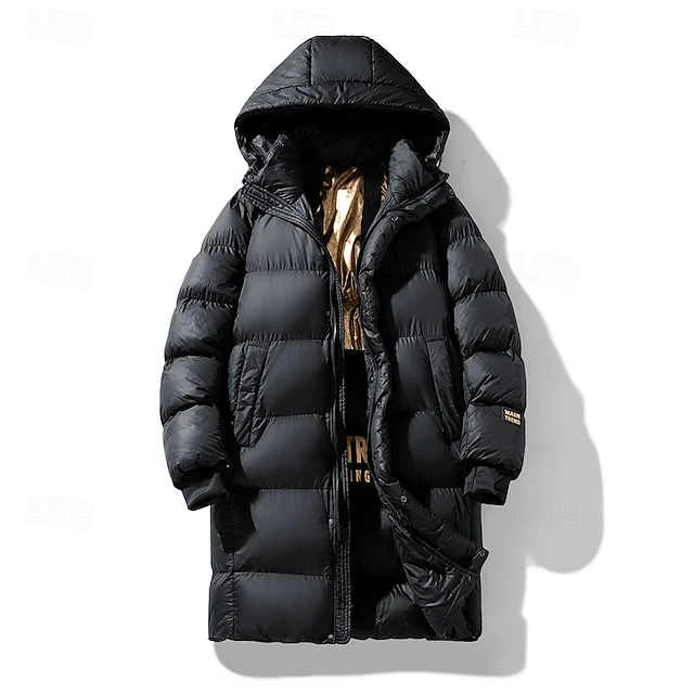 Men's Winter Coat Puffer Jacket Padded Zipper Pocket Polyster Pocket Outdoor Long Fashion Casual Thermal Warm Windproof Winter Plain Black Puffer Jacket 8