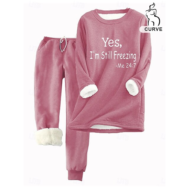 Women's Plus Size Pyjama Set Fleece Lined Top and Pant Letter Warm