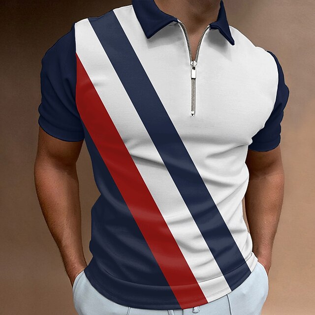Men's Striped Zip Polo Shirts Golf Shirt Short Sleeve Polo Shirts Collared Shirts Casual Vacation Wear Formal Wear Festival Wear 3D Print Quarter Zip Polo Summer Spring Blue4