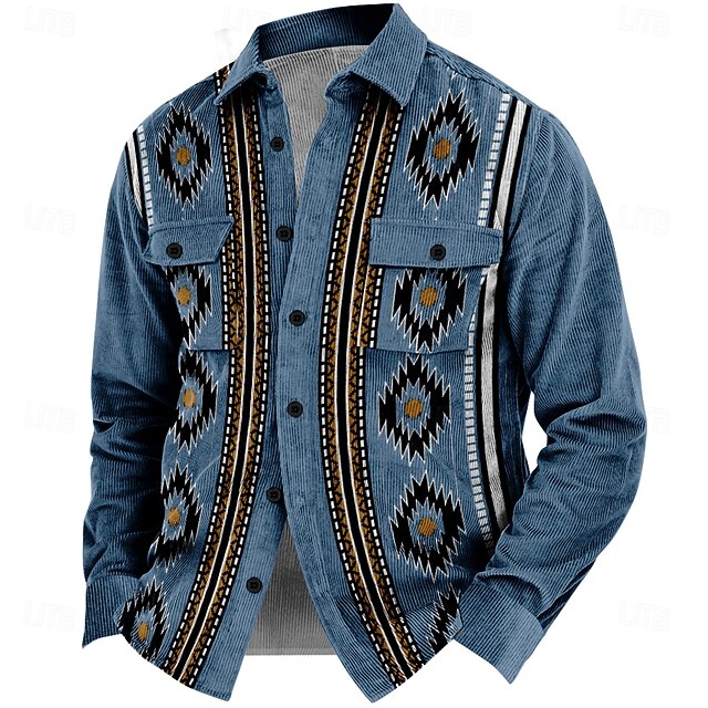Men's Ethnic Cowboy Corduroy Shirt Shirt Jacket Overshirt Long Sleeve Vintage Tribal Outdoor Dailywear Fall & Winter Turndown Collared Shirts Buttons 3D Print 2 Pockets 1pc Navy Blue4