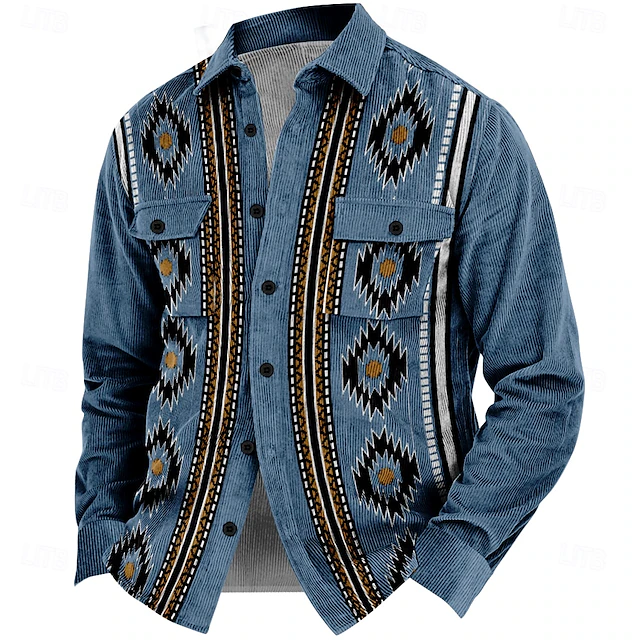Men's Ethnic Cowboy Corduroy Shirt Shirt Jacket Overshirt Long Sleeve Vintage Tribal Outdoor Dailywear Fall & Winter Turndown Collared Shirts Buttons 3D Print 2 Pockets 1pc Navy Blue4