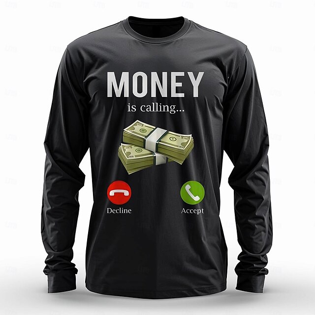 Men's Money Funny Slang T Shirt Long Sleeve T shirt 3D Print Crew Neck Shirt Designer Retro Vintage Street Casual Daily Black Summer Spring Fall Clothing Apparel S M L XL XXL XXXL4