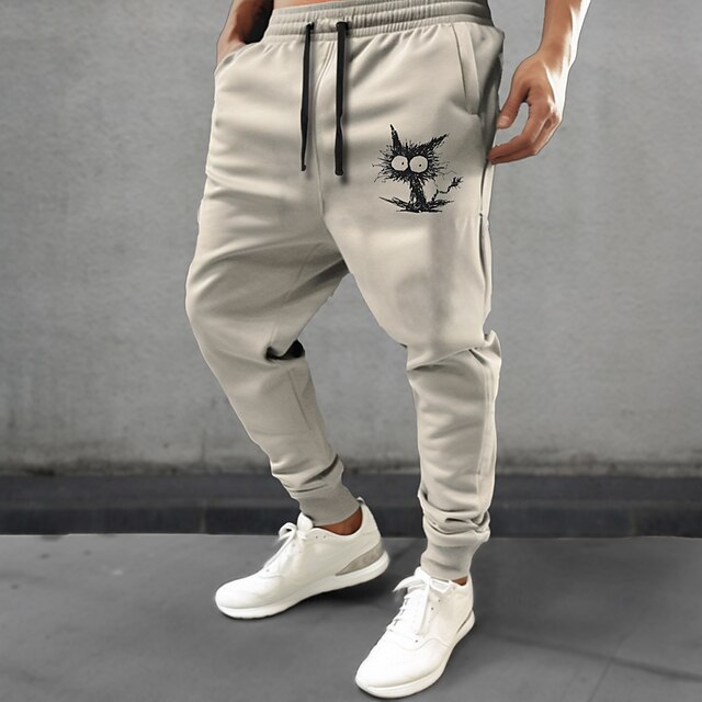 Men's Cat Sweatpants Joggers Pants Trousers Mid Waist Drawstring Elastic Waist Fashion Casual Dailywear Casual Pocket Spring Fall Winter 3D Print Beige4