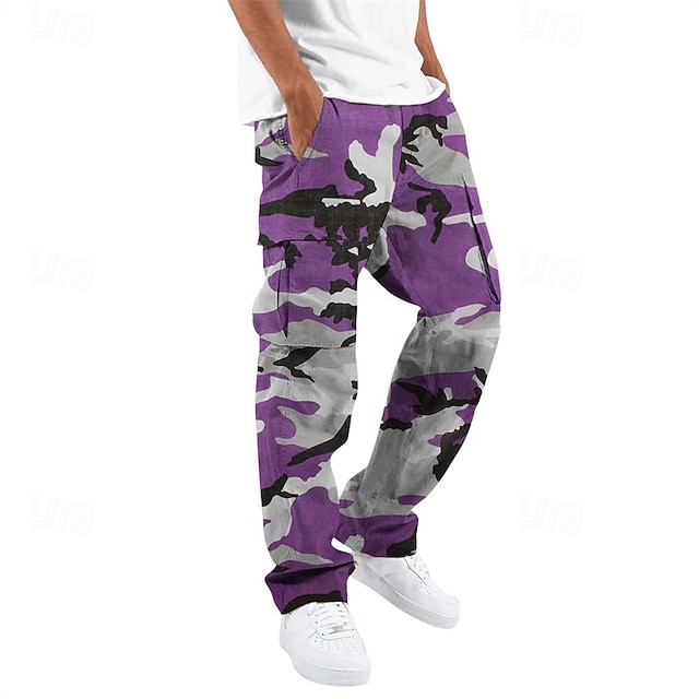  Homens Calças Cargo Calças Táticas Calças Botões Bolso multi Perna reta Côr Camuflagem Vestível Ao ar livre Diário Acampar e Caminhar Moda Clássico Preto Verde Tropa