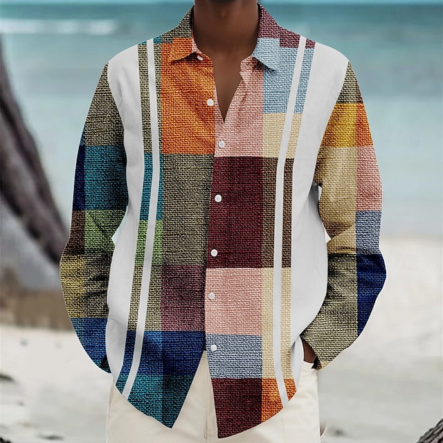 Miesten Geometrinen printti Geometrinen Rantapaita Button Up paita Pitkähihainen Havaijilainen Vapaa-aika Loma Päivittäin Syksy Talvi Kevät kesä Kauluspaidat 3D-tulostus Violetti Sininen Apila