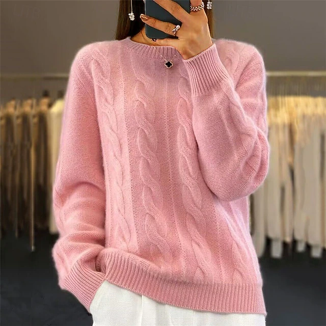 Women's Classic Pink Sweater Crew Neck Cable Fuzzy Knit Knitted Fall Winter Work Fashion Daily Long Sleeve Solid Color Pink Camel 7