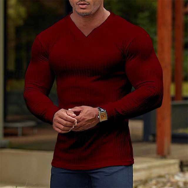  Homme T-shirt Débardeur Musclé T-shirt en tricot côtelé manche longue Col en V Été Uni Bande de Fosse Mode Designer Basique Vacances Rue Sortir Vin T-shirt haut de gamme pour homme