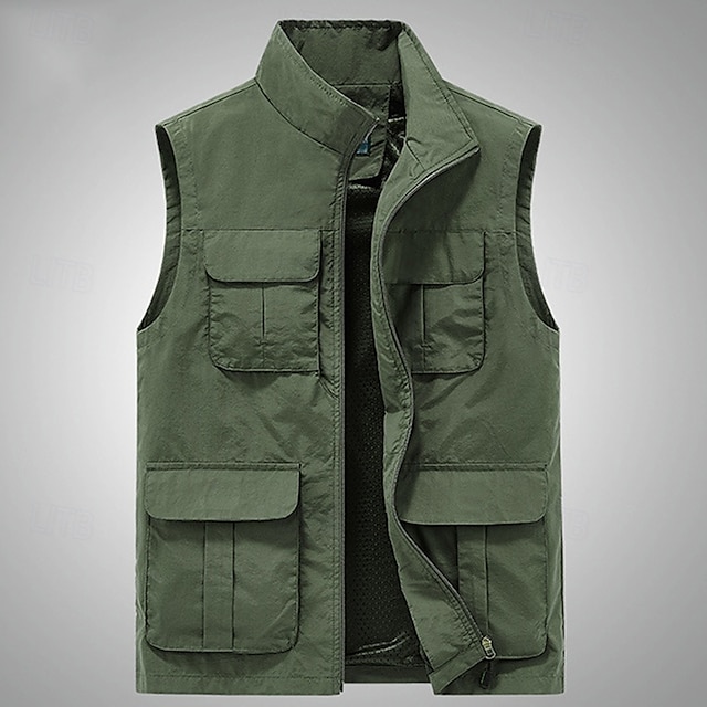  Herren Weste Angelweste Weste für Wanderer Täglich Verabredung Urlaub Modisch Brautkleider schlicht Frühling Sommer Gitter Tasche Polyester Atmungsaktiv Komfortabel Glatt Reisverschluss Ständer