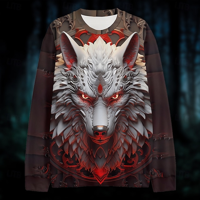  Herr Grafisk Varg Mörk Tröjor Pullover-tröja Långärmad Tröja Huva Semester Häftig Dagligen Tryck Semester Utomhussport Utekväll Tryck Vinter Vår & Höst
