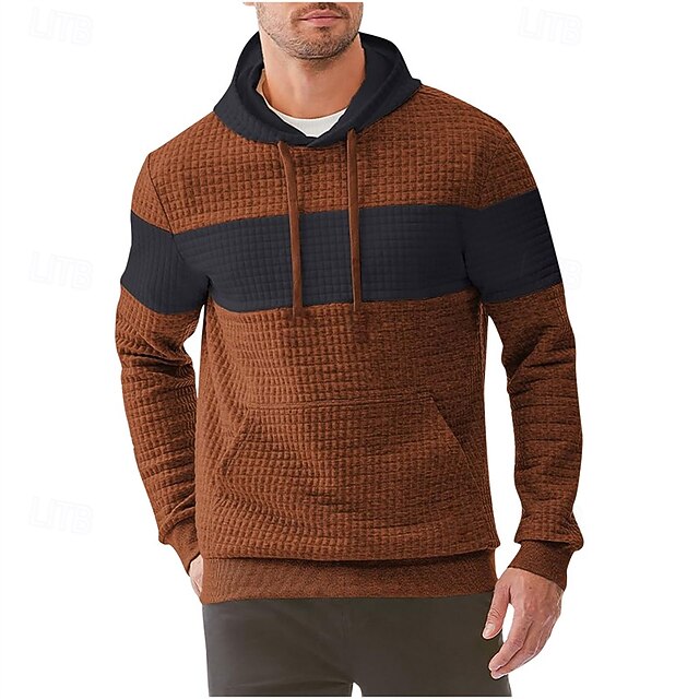 Men's Hoodie Black Navy Blue Brown Khaki Gray Hooded Color Block