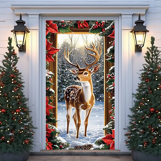 Christmas Door Decorations Door Covers Reindeer Snow Door Tapestry Door Curtain Decoration Backdrop Indoor/Outdoor Door Banner for Front Door Farmhouse 16