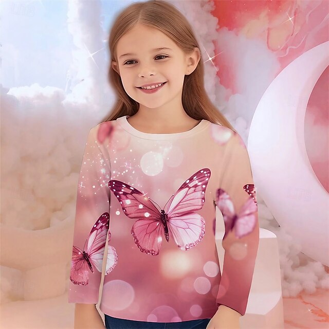  Pige 3D Grafisk Dyr Sommerfugl T-shirt Langærmet Forår Efterår Mode Basale Børn 4-12 år Rund hals udendørs Afslappet Daglig Regulær
