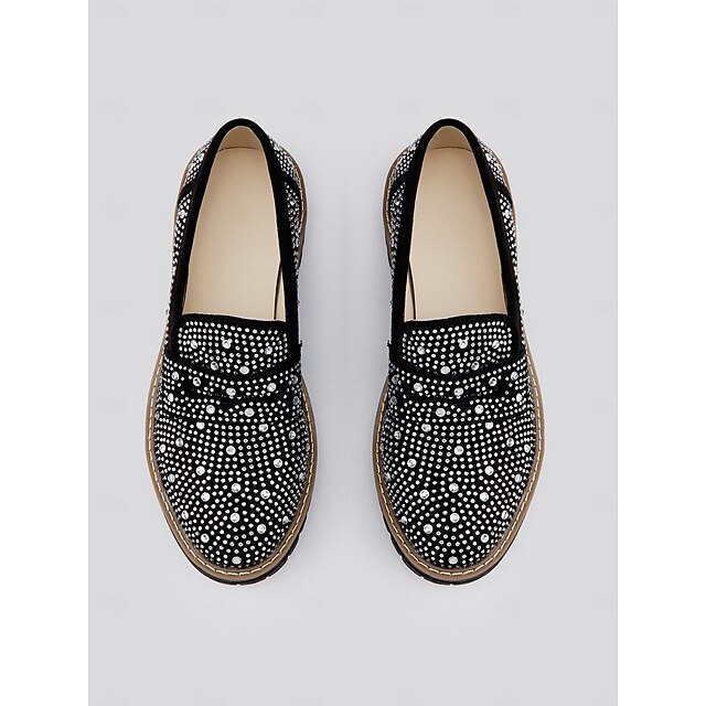 Women's Black Loafers with Rhinestone Embellishments and Chunky Sole
