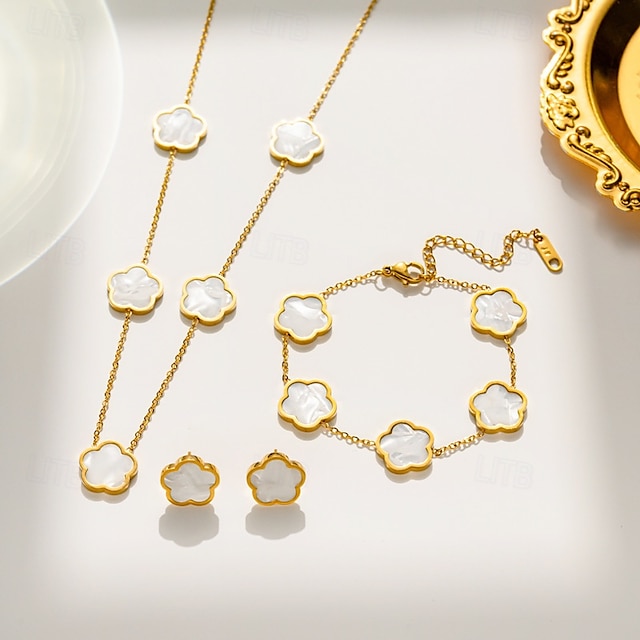  parure de bijoux en plaqué or avec fleur et nacre pour femme – collier, bracelet et boucles d'oreilles élégants pour femme