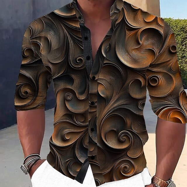 Men's 3D Print Geometric Pattern Dress Shirt Button Up Shirt Long Sleeve Casual Vacation Daily Summer Spring &  Fall Grandad Collar Band Collar 3D Print Dark Brown4